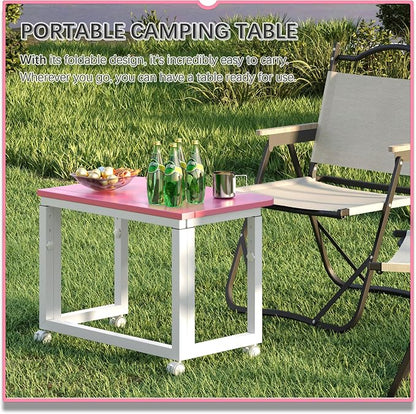 4NM No Tool Assembly 23.6" Small Desk, Folding Portable Desk with Wheels, Adjustable Height Foldable Computer Home Office Desks, Collapsible Study Writing Table for Space Saving Bedroom - Pink White
