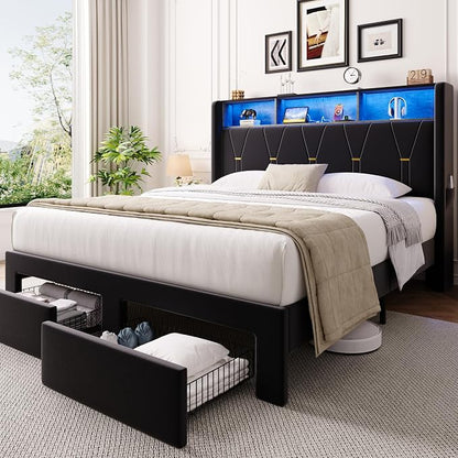 Allewie Full Bed Frame with 2-Tier Storage Headboard, Charging Station & LED Lights, Velvet Upholstered Platform Bed with 2 Drawers, Wingback Headboard, Gold Button Tufted, No Box Spring Needed, Black