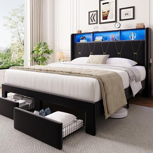 Allewie Full Bed Frame with 2-Tier Storage Headboard, Charging Station & LED Lights, Velvet Upholstered Platform Bed with 2 Drawers, Wingback Headboard, Gold Button Tufted, No Box Spring Needed, Black