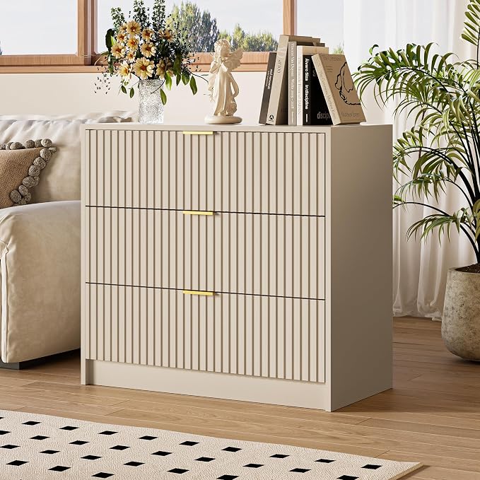 MAISONARIA 3-Piece Dresser Bedroom Set, 9 Drawer Dresser & 3 Drawer Nightstands with Gold Handles, Fluted Wood Chest of Drawers for Bedroom, Living Room, Entryway, Beige