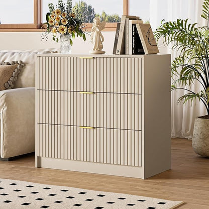 MAISONARIA 3-Piece Dresser Bedroom Set, 9 Drawer Dresser & 3 Drawer Nightstands with Gold Handles, Fluted Wood Chest of Drawers for Bedroom, Living Room, Entryway, Beige