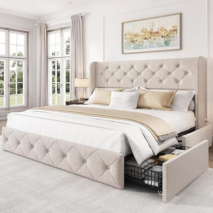 LARMACE Queen Size Bed Frame with 4 Storage Drawers and 47.2" Tall Tufted Headboard Linen Upholstered Platform Bed Frame Wingback Beds with Wooden Slats Support, Easy Assembly, Beige