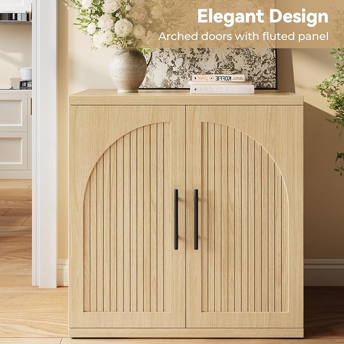 MapleGrace 31.5" Fluted Buffet Cabinet with Storage, Modern Symmetrical Arched Sideboard Credenza with Adjustable Shelf, Elegant Wood Console Table for Dining Room, Kitchen, Living Room(Oak)