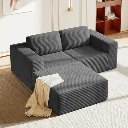 Vesgantti 80" Modular Sectional Sofa, Corduroy Cloud Couch with Deep Seats & Spring Support, Compact 2 Seater Boneless Couch, L-Shaped Modular Sofa for Small Spaces, Apartments, No Assembly, Grey