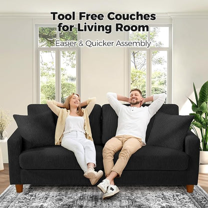 Kidirect 70in U Shaped Couch, Modular Sofa No Tool Assembly, Comfy Sectional Couches for Living Room 21in Deeper Seats, Corduroy Sofas for Living Room with 2 Pillows, Loveseat Sofa Set, Black Couch
