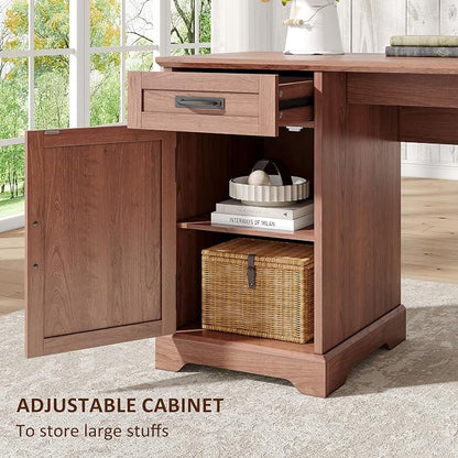 Whalefall 67'' Farmhouse L-Shaped Desk with Drawers for Home Office, Brown | Computer Corner Desk with File Cabinet and Charging Station, Large Executive L Desk with Locking Drawers Storage