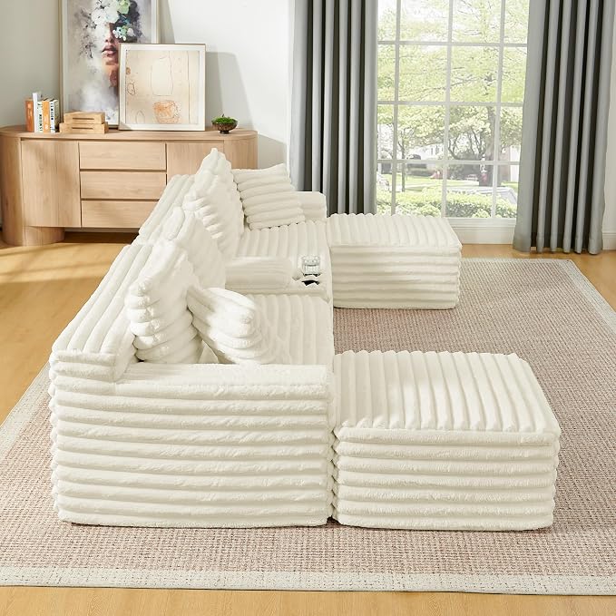 127" U-Shaped Symmetrical Cloud Sectional Couch Oversized Modular Compressed Boneless Sectional Sofa with Ottoman Chaise Lounges & Console, Fluffy Corduroy Corner Foam Sofa