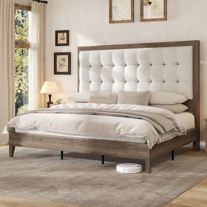 AMERLIFE Queen Bed Frame with Headboard, Solid Wooden Bed Frame Queen Size Platform Bed Mid-Century Style, No Box Spring Required, Ash Gray