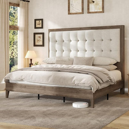 AMERLIFE King Size Bed Frame and Headboard, Solid Wooden Bed Frame King Size Platform Bed Frame Mid-Century Style, No Box Spring Required, Ash Gray