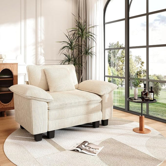 PHI VILLA Oversized Single Sofa Chair with Deep Seat, Cloud Upholstered Reading Armchair, 1 Seater Comfy Sofa Chair for Bedroom Nook, Corduroy, Beige