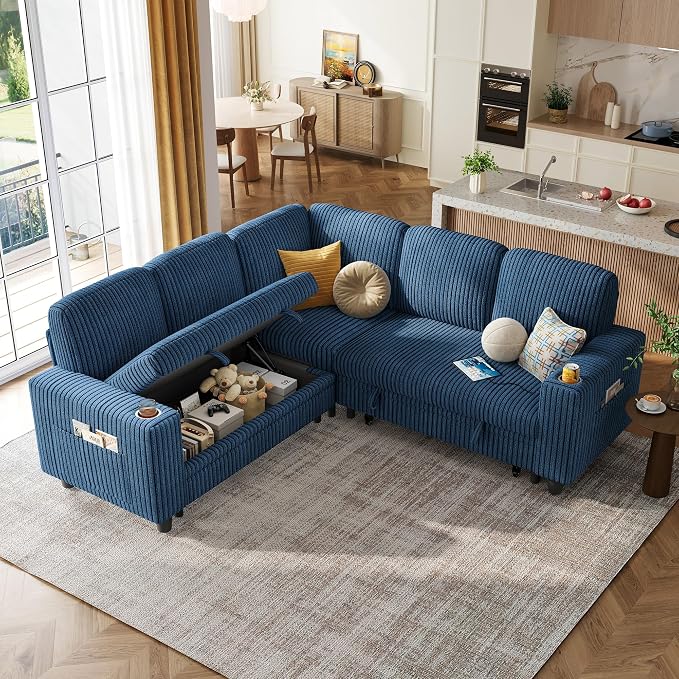 LINSY HOME Pull Out Sofa Bed Sectional Sleeper Sofa with Storage, Plush Corduroy Pullout Modular Sectional Couches for Living Room, L Shaped Convertible Couch Bed for Apartment (Blue)