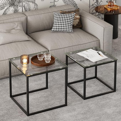 Garden 4 you Coffee Table Set of 2, Modern Glass Nesting Table, Metal Frame Square Center Table Set, Side Tables, Nesting Coffee Table for Living Room, Bedroom and Small Spaces, 19.7in Black