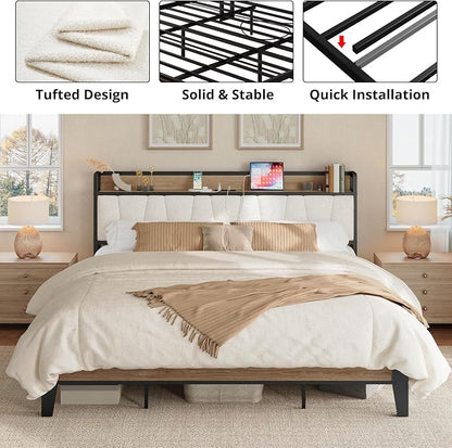 LIKIMIO King Bed Frames, Storage Headboard with Charging Station, Solid and Stable, Noise Free, No Box Spring Needed, Easy Assembly, Wood and Cream