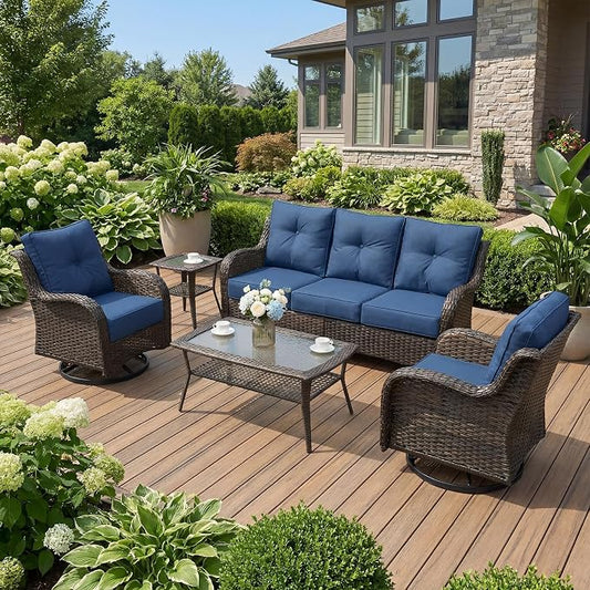 Patio Furniture Set, 5PCS Outdoor Wicker Conversation Set with 6" Thick Cushions, High Back Rattan Sofa & Swivel Rocker Chairs, Weather Resistant Olefin Fabric for Garden, Poolside, Navy Blue