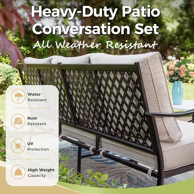 MIXPATIO Patio Couch Metal 3-Seat Outdoor Sofa Deep Seating Outdoor Furniture Beige Cushion for Front Porch, Deck, Balcony, Backyard, Sunroom