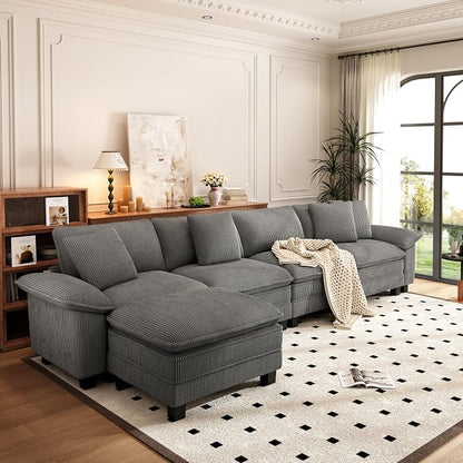PHI VILLA Cloud Modular Couch Sets, 157.5" Oversized Sectional Sofa with L-Shaped Chaise, 5-Seater Upholstered Couches with Movable Ottoman for Living Room, Corduroy Grey