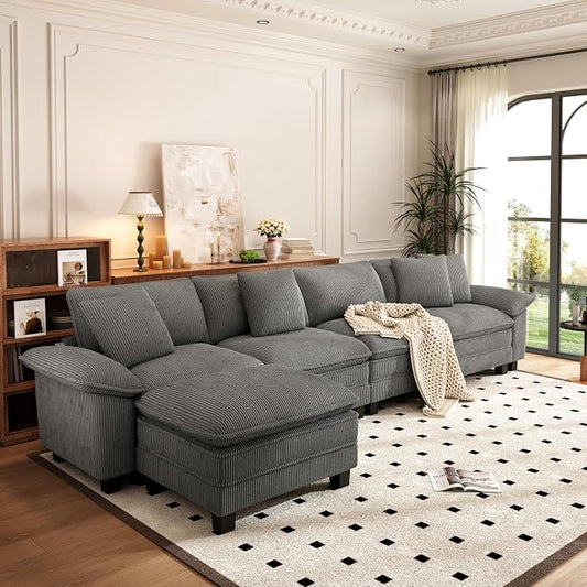 PHI VILLA Cloud Modular Couch Sets, 157.5" Oversized Sectional Sofa with L-Shaped Chaise, 5-Seater Upholstered Couches with Movable Ottoman for Living Room, Corduroy Grey