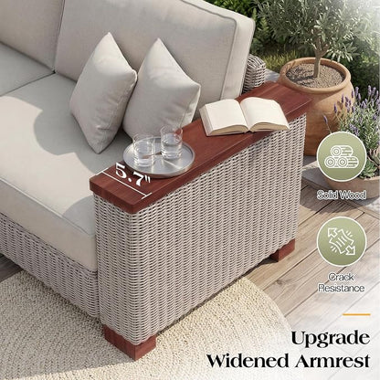 PaPaJet 7-Piece Wicker Patio Furniture Set with Solid Wood Armrest, Outdoor Patio Set with Thick Legs, UV-Resistant Modular Outdoor Sectional Sofa for Backyard, Porch, Garden