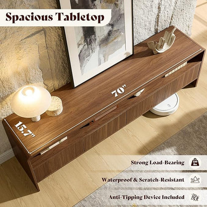 AMERLIFE 70" Modern TV Stand for TVs Up to 80", Wood TV Console with Curved Profile Design & 2 Storage Cabinets, Media Console Entertainment Center for Living Room, Brown