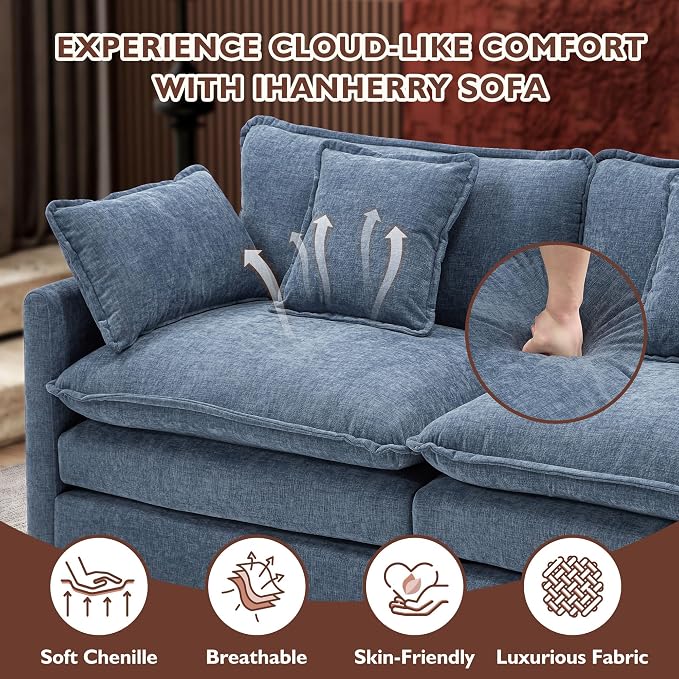 Ihanherry 111.4 Inch 3-Seater Cloud Sofa, Modular Sectional Couch, Modern Deep Seat Sofa for Living Room, Comfy Double Layer Upholstered Seat Cushion, Breathable Chenille Fabric, Blue