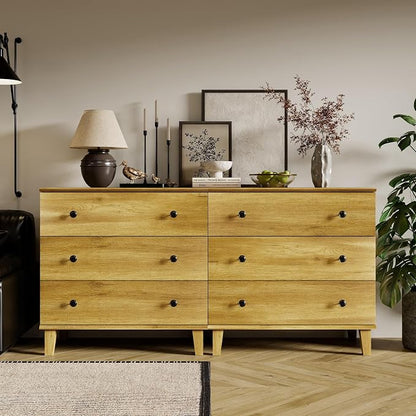 Rustic Drawer Dresser with 6 Drawers 2 in 1 Storage Dressers Organizer for Bedroom, Living Roomm,Brown Oak