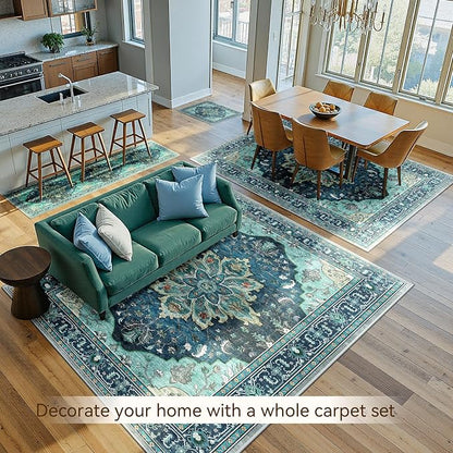 RELEANY Area Rugs 8'x10' Washable Non-Slip, Floral Vintage Distress Medallion Carpet for Living Room Bedroom Dining Room, Teal Green Lake Blue Turquoise
