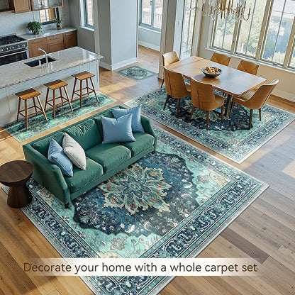 RELEANY Area Rugs Large 10'x14' Washable Non-Slip, Floral Vintage Distress Medallion Carpet for Living Room Bedroom Dining Room, Teal Green Lake Blue Turquoise