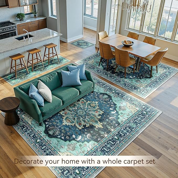 RELEANY Area Rugs 5'x7' Washable Non-Slip, Floral Vintage Distress Medallion Carpet for Living Room Bedroom Dining Room, Teal Green Lake Blue Turquoise