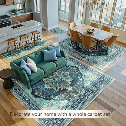 RELEANY Area Rugs 5'x7' Washable Non-Slip, Floral Vintage Distress Medallion Carpet for Living Room Bedroom Dining Room, Teal Green Lake Blue Turquoise