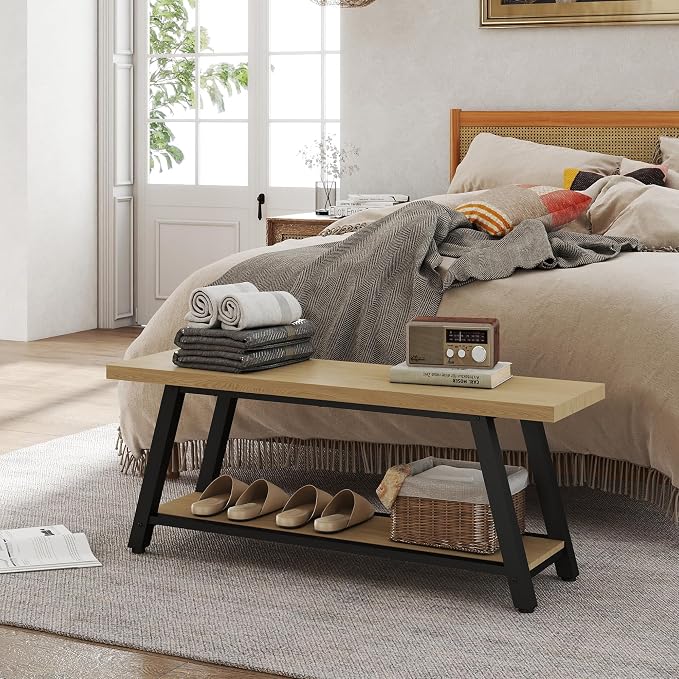 47" Wood Long Modern Farmhouse Entryway Bench, Wood Bedroom End of BedBench, Vintage Mid Century Rustic Style, Perfect for Mudroom, Storage, Living Room, Kitchen Natural Oak