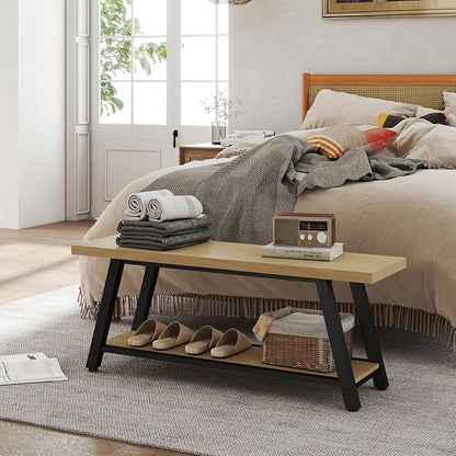 47" Wood Long Modern Farmhouse Entryway Bench, Wood Bedroom End of BedBench, Vintage Mid Century Rustic Style, Perfect for Mudroom, Storage, Living Room, Kitchen Natural Oak