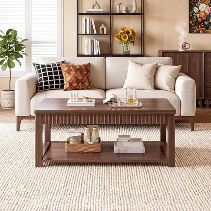 Homkdom Modern Coffee Table, 2-Tier Storage Shelf, Walnut | Wave-Edge, Kids Friendly Rounded Corners