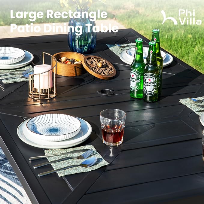 PHI VILLA 7 PCS Outdoor Dining Set, Patio Metal Furniture Set with 59"x35.4" Dining Table & 6 Stackable Aluminum Textilene Chairs, Patio Table and Chairs for Deck Garden Poolside, Beige