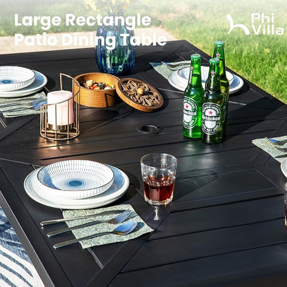 PHI VILLA 7 PCS Outdoor Dining Set, Patio Metal Furniture Set with 59"x35.4" Dining Table & 6 Stackable Aluminum Textilene Chairs, Patio Table and Chairs for Deck Garden Poolside, Beige