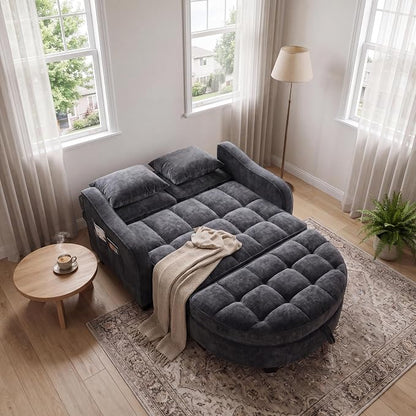 ERYE Chenille Tufted Loveseat Sofa and Ottoman Set, Tufted Recliner Sleeper Chaise Lounge with Curved Storage Ottoman,Reclining Backrest and Side Pockets, 4 Pillows