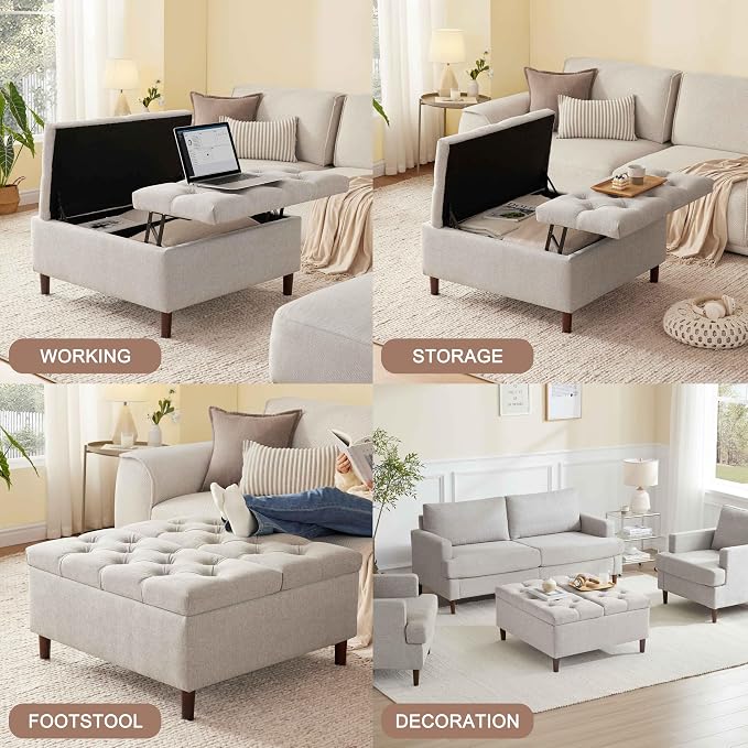 Weture 35 Inch Extra Large Storage Ottoman Coffee Table, No Assembly Required, Oversized Square Ottoman with Storage, Tufted Upholstered Ottomans Coffee Table for Living Room (Fabric, Light Grey)