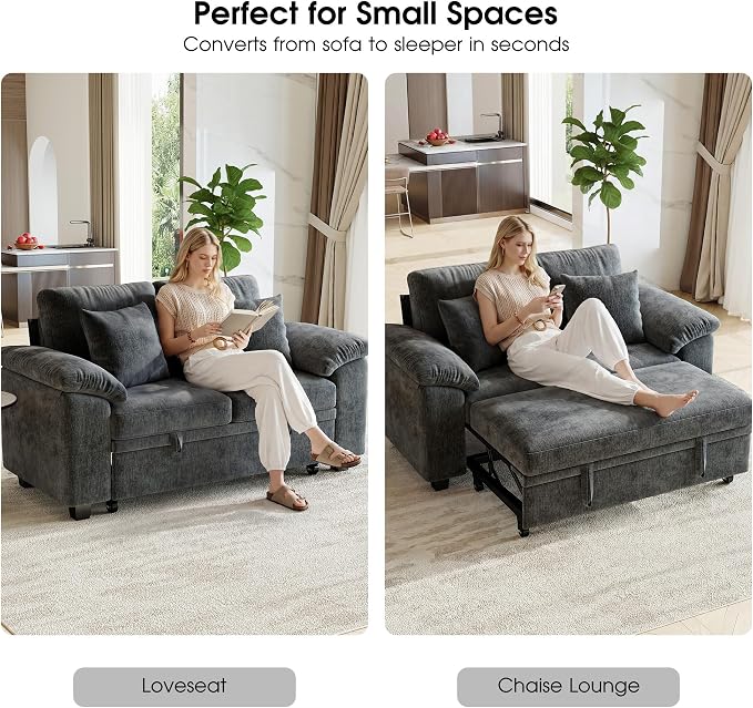 WorthFurni 61” Pull Out Couch, 2 in 1 Sleeper Sofa Bed with Throw Pillow, Convertible Small Loveseat Sleeper Couch for Living Room, Bedroom, Apartment (Gray)