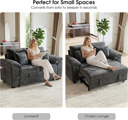 WorthFurni 61” Pull Out Couch, 2 in 1 Sleeper Sofa Bed with Throw Pillow, Convertible Small Loveseat Sleeper Couch for Living Room, Bedroom, Apartment (Gray)