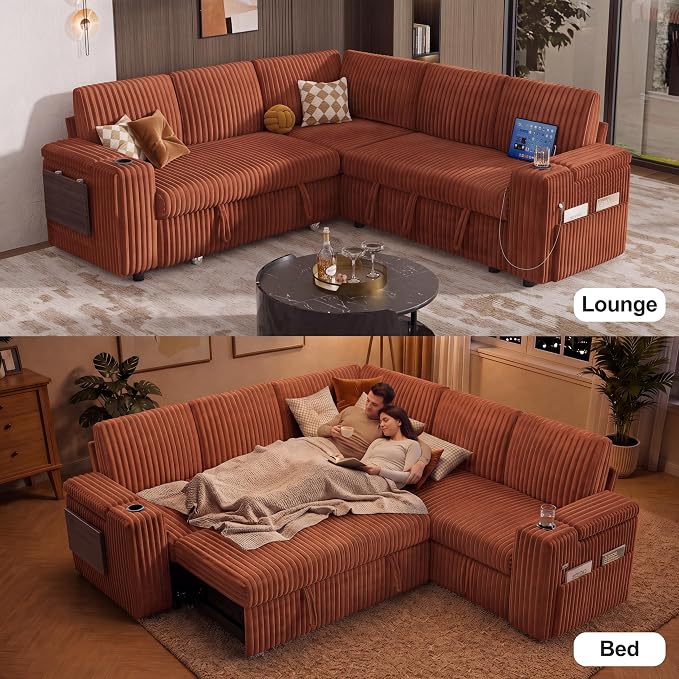 Vipbear 86" Modular Sectional Sleeper Sofa with Pull Out Bed, 5 Seat Plush Corduroy L Shaped Couch with Storage Seat|USB Ports|Cup Holders|Side Table|Storage Armrests, Tool Free Assembly, Orange