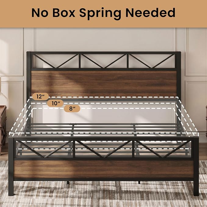 LIKIMIO King Bed Frame, Tall Industrial Headboard 51.2 ", Platform Bed Frame with Strong Metal Support, Solid and Stable, Noise Free, No Box Spring Needed, Easy Assembly, Walnut