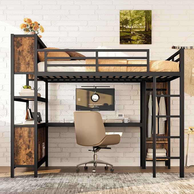Bellemave Queen Size Loft Bed with Desk, Wardrobe, Storage Cubes and Shelves, Metal Queen Loft Bed Frame for Adults, Kids, Teens, Black and Woodgrain