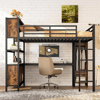 Bellemave Queen Size Loft Bed with Desk, Wardrobe, Storage Cubes and Shelves, Metal Queen Loft Bed Frame for Adults, Kids, Teens, Black and Woodgrain