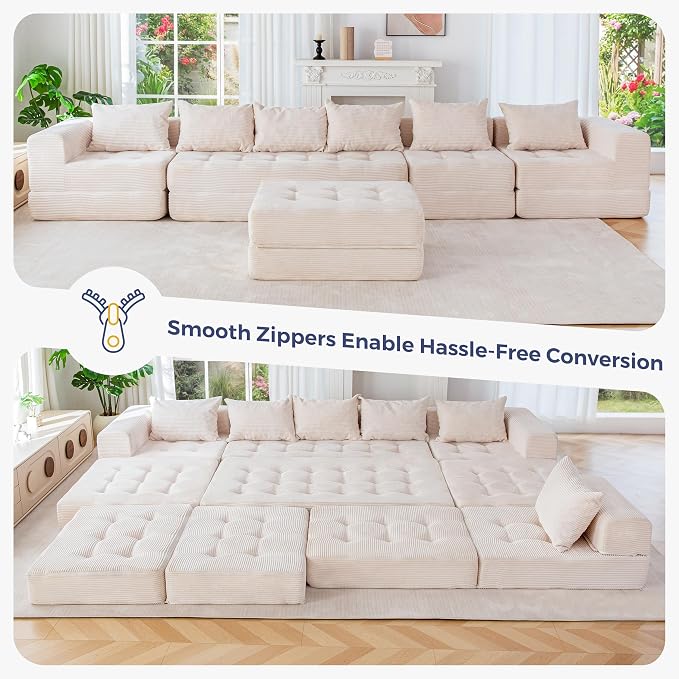 MAXYOYO Modular Sectional Sofa Couch, Foldable U Shaped Cloud Couch with Pillows, Tufted 7-Seat Boneless Lounger Floor Sofa Bed for Living Room, No Assembly Required, Beige