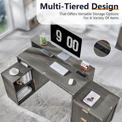 67"Modern Desk with Cabinet & 2 Drawers, Fluted Office Desk Built‑in Outlet | L Shaped Desk ,storage cabinet with sliding doors, Wood Home Office Desk, Fluted Computer Writing Desk, Grayish Green