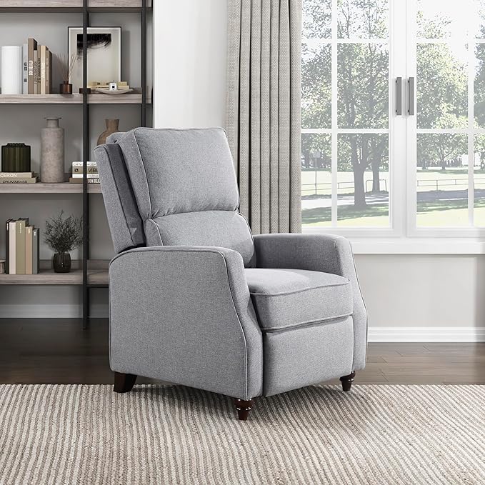 Lexicon Push Back Recliner Chair, Manual Accent Recliner with Track Arms & Bun Feet, Deep Cushioned Comfort, Modern Fabric Reclining Armchair for Living Room, Bedroom & Office, 29.5" W - Gray
