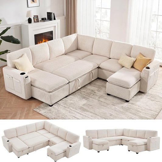 Oversized Sectional Sleeper Sofa with Pull Out Bed, Plush Corduroy 9 Seat Modular Sofa with Storage Chaise and Adjustable Backrest, Cloud Couches for Living Room, Apartment, Beige