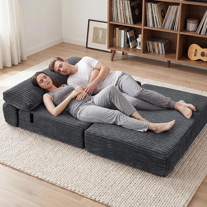 Convertible 4-in-1 Folding Sofa Bed 54" Loveseat Boneless Sleeper Couch Foldable Chaise Lounger & Mattress Pocket Coils+Foam Medium Support, Portable No Assembly for Living Room/Bedroom, Full