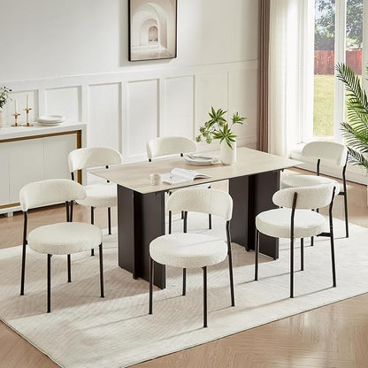 SoarFlash Dining Chairs, Beige Boucle Dining Chairs Set of 4, Kitchen Dining Room Chairs Curved Backrest Upholstered Mid Century Modern Chairs with Black Metal Legs