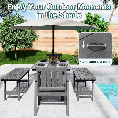 Pamapic 5 PCS Outdoor Dining Set, Spacious HDPE Outdoor Table and Chairs with 2 Bench, Wood Grain Patio Furniture Sets with Elegant Armrest, All-Weather Outdoor Furniture with Umbrella Hole, Gray