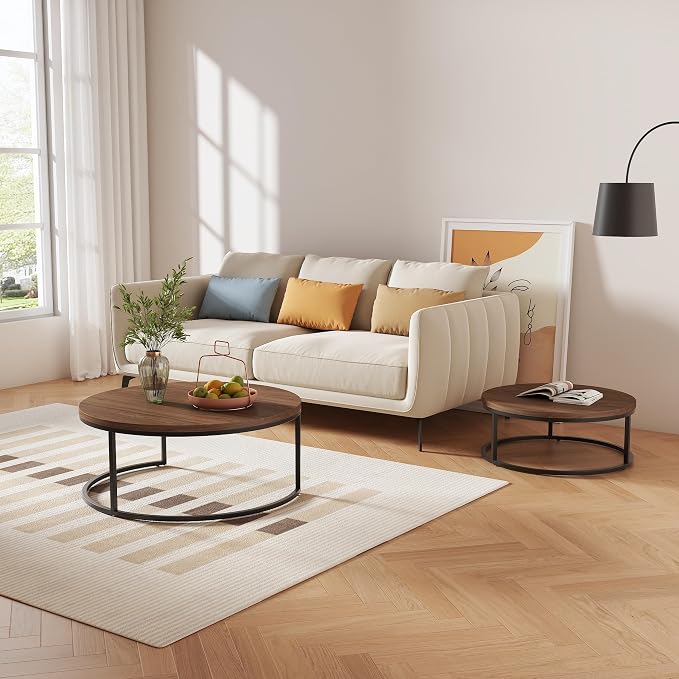 Round Nesting Coffee Table Set of 2, Modern Minimalist Accent Tables for Living Room, Bedroom, Office, Stackable Side Tables (Espresso)